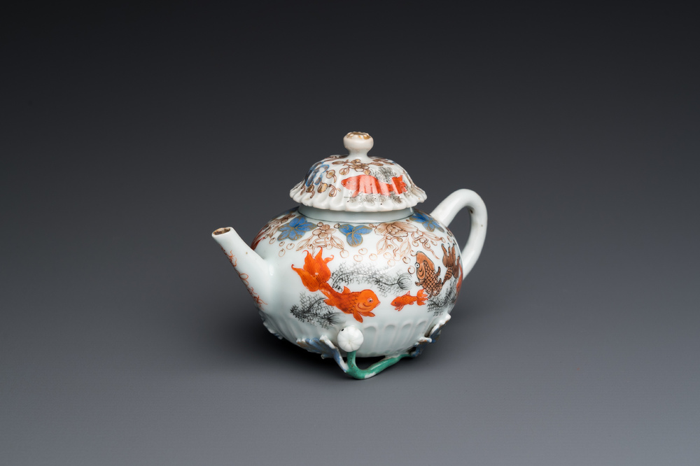 A Chinese iron-red and gilt-decorated 'carps' teapot and cover, Yongzheng