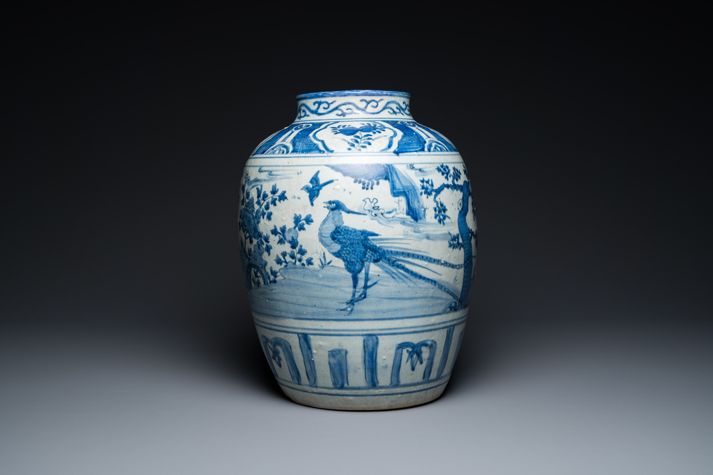 A large Chinese blue and white 'pheasant' jar, Ming