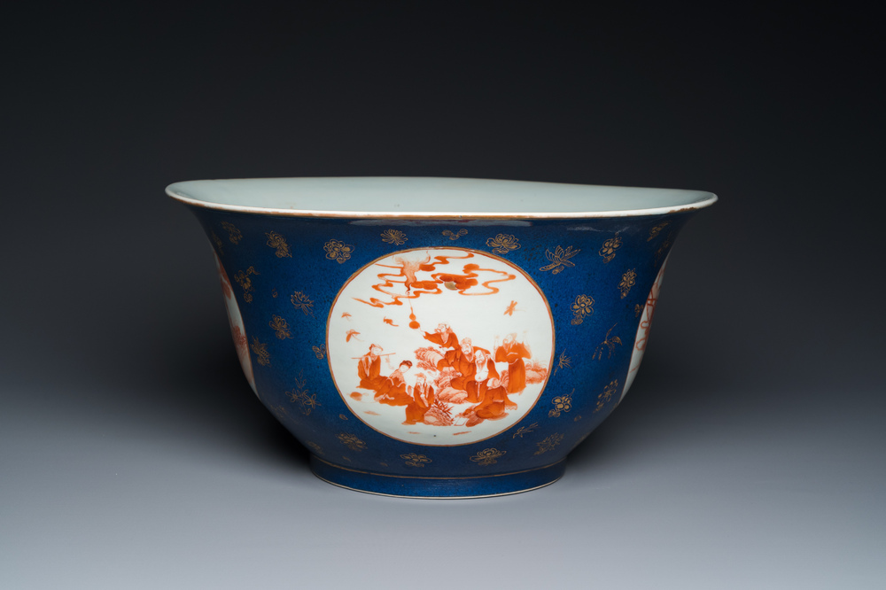 A large Chinese powder-blue and iron-red 'eight immortals' bowl, 19th C.
