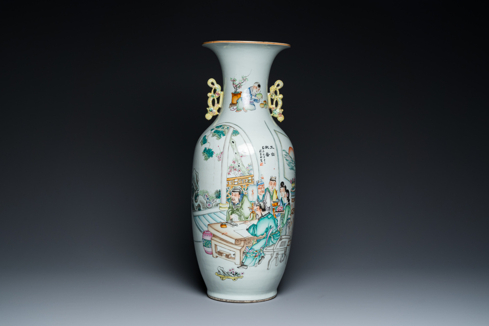 A Chinese famille rose 'scholars' vase with two-sided design, signed Cai Yun Xuan 彩雲軒, dated 1919