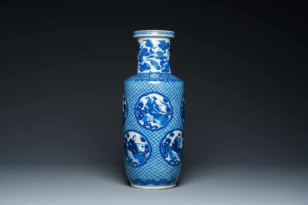 A Chinese blue and white rouleau 'immortals' vase, Kangxi mark, 19th C.