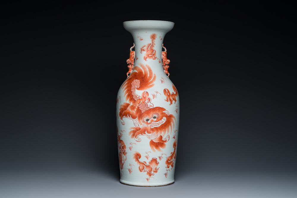 A Chinese iron-red 'Buddhist lions' vase, 19th C.