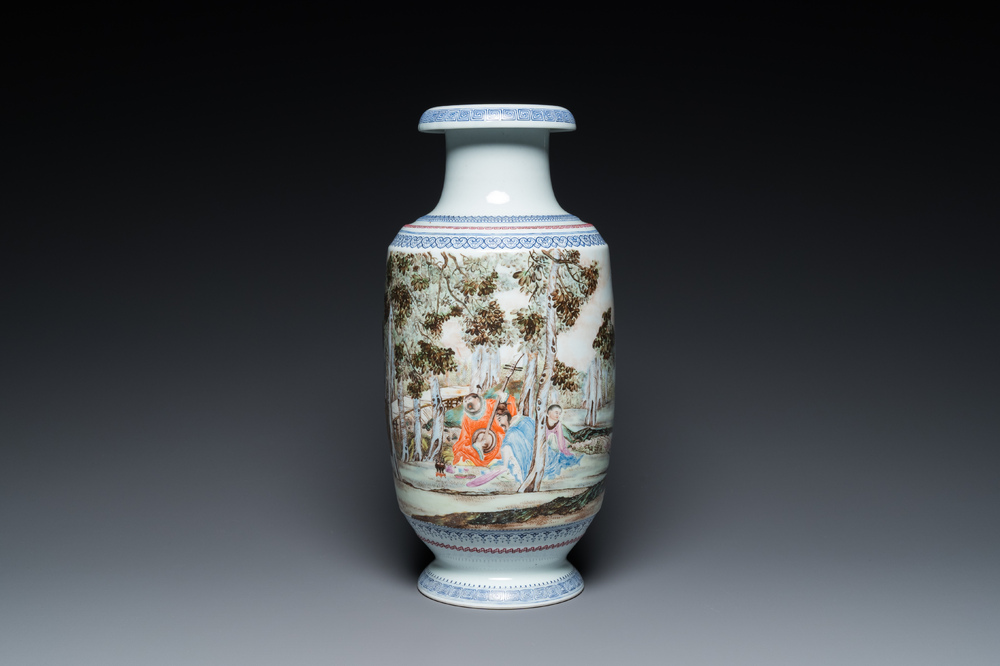 A Chinese famille rose 'musicians' vase, Hongxian mark, Republic