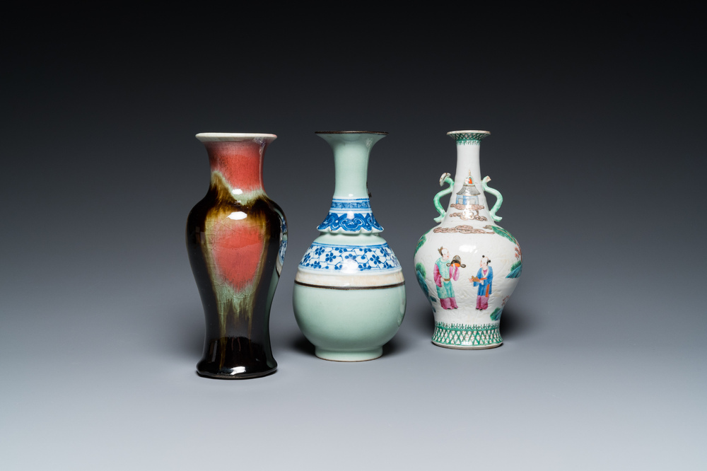 A Chinese famille rose, a flamb&eacute;-glazed and a blue and white celadon-ground vase, 19/20th C.