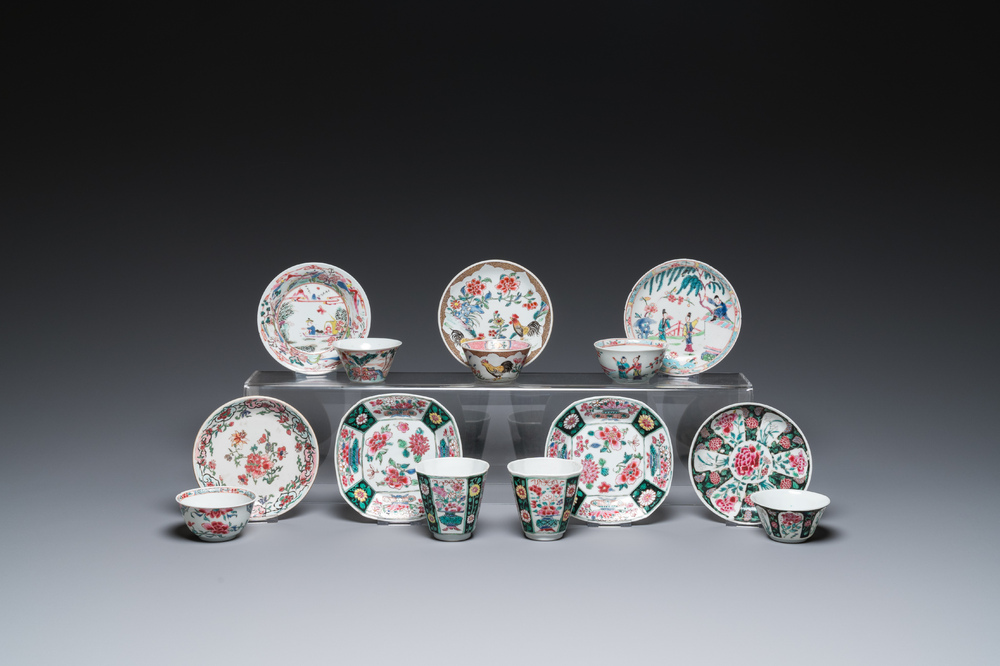 Zeven Chinese famille rose koppen en schotels, Yongzheng/Qianlong