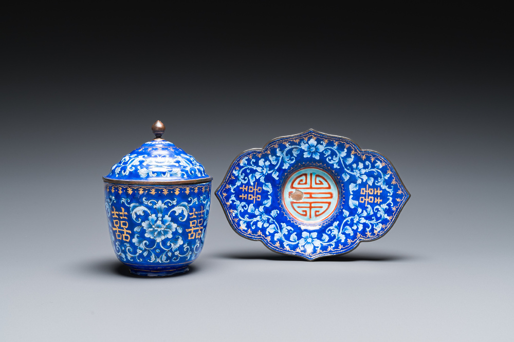 A Chinese blue-ground Canton enamel covered bowl on stand, Qianlong