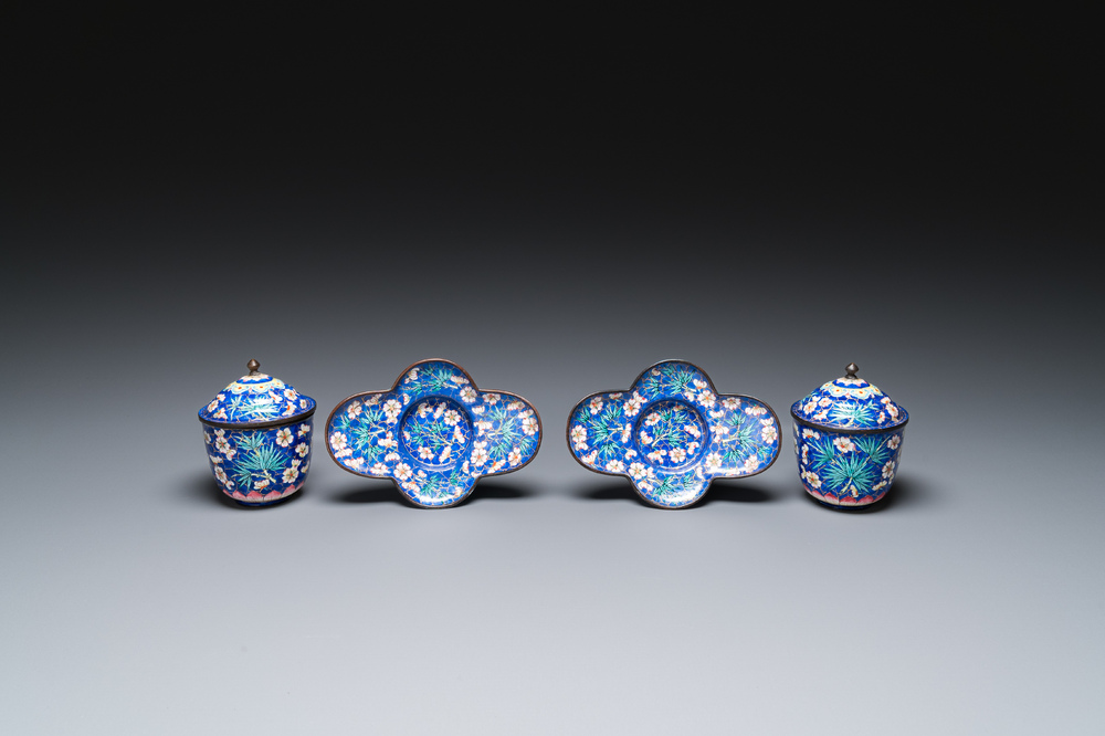 A pair of Chinese blue-ground Canton enamel covered bowls on stands, Qianlong
