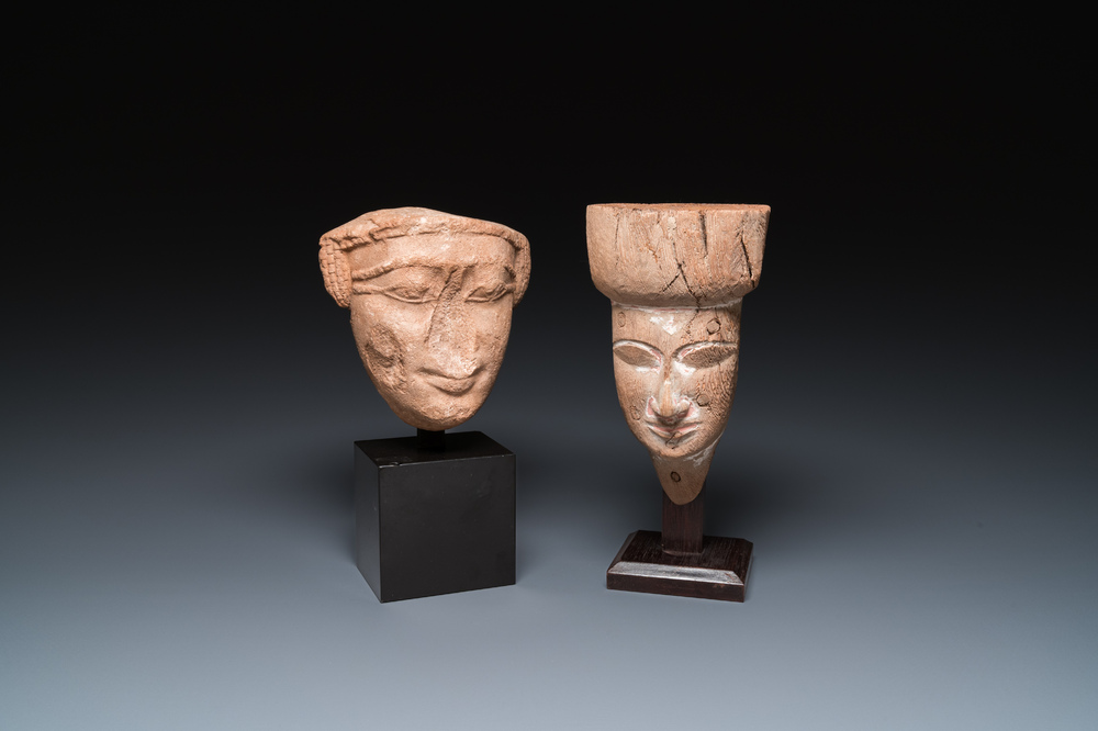Un masque de sarcophage en bois sculpt&eacute; et une t&ecirc;te en calcaire sculpt&eacute;, Egypte, Basse &eacute;poque et p&eacute;riode sa&iuml;te