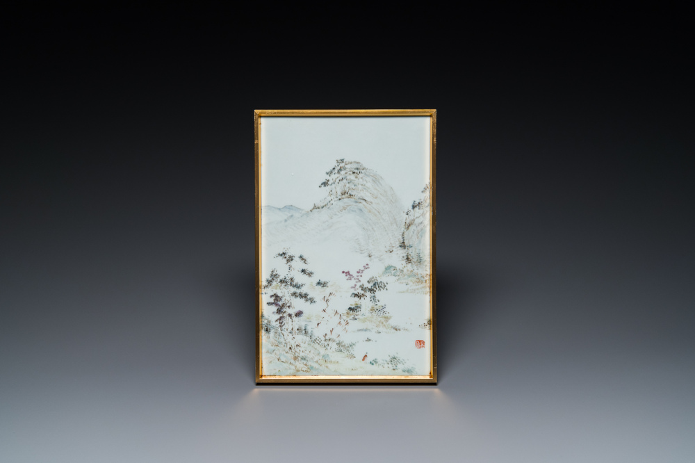 A Chinese qianjiang cai 'mountainous landscape' plaque, 19th C.
