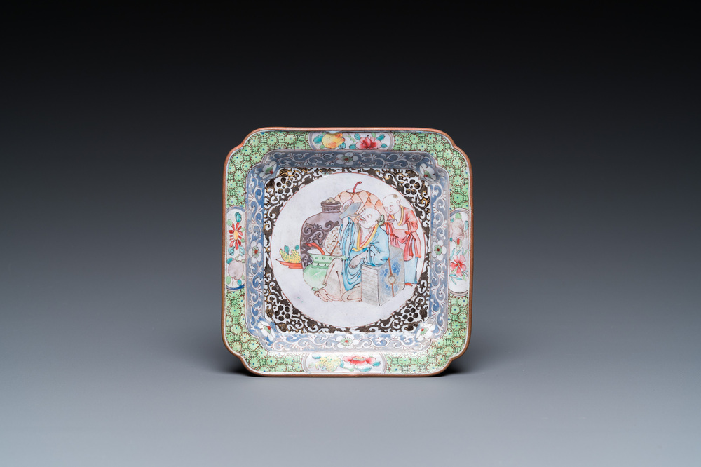 A Chinese Canton enamel square saucer dish with a scholar drinking wine, Yongzheng/Qianlong