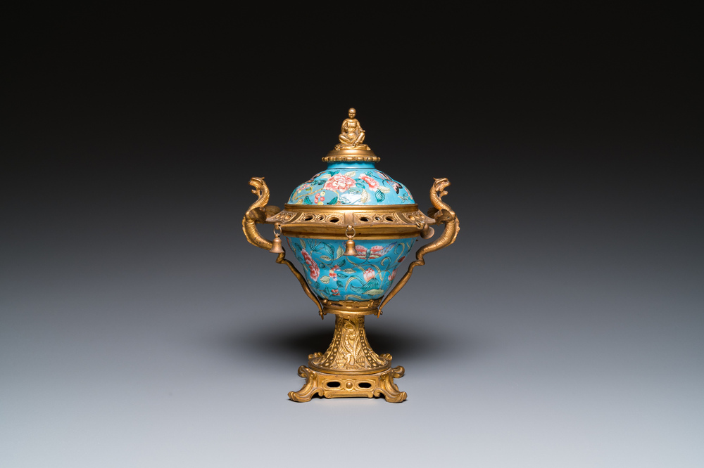 A Chinese Canton enamel bowl and cover with fine gilt bronze mount, Jiaqing