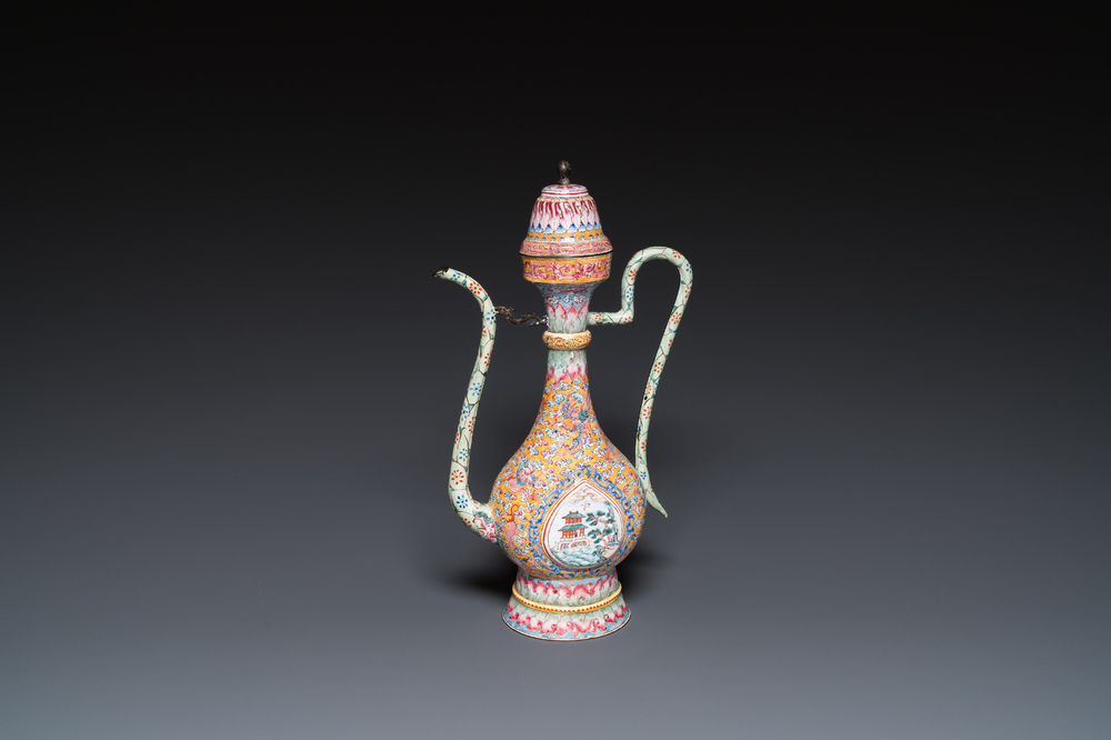 A large Chinese yellow-ground Canton enamel ewer and cover, Qianlong