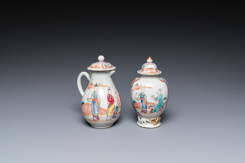 A Chinese famille rose 'mandarin subject' jug with cover and a tea caddy, Qianlong
