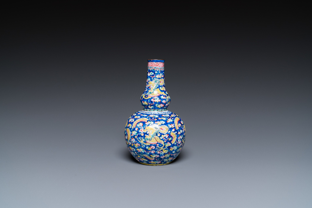 A Chinese blue-ground Canton enamel double gourd 'dragons' vase, Shangxin 赏心 mark, Qianlong