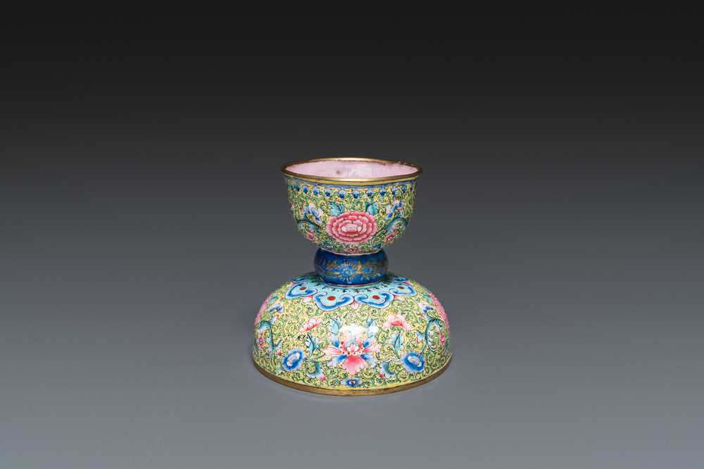 A rare Chinese yellow-ground Canton enamel spittoon, Qianlong