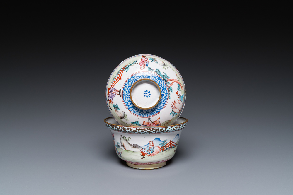 A Chinese Canton enamel 'foreigners' bowl and cover, Yongzheng