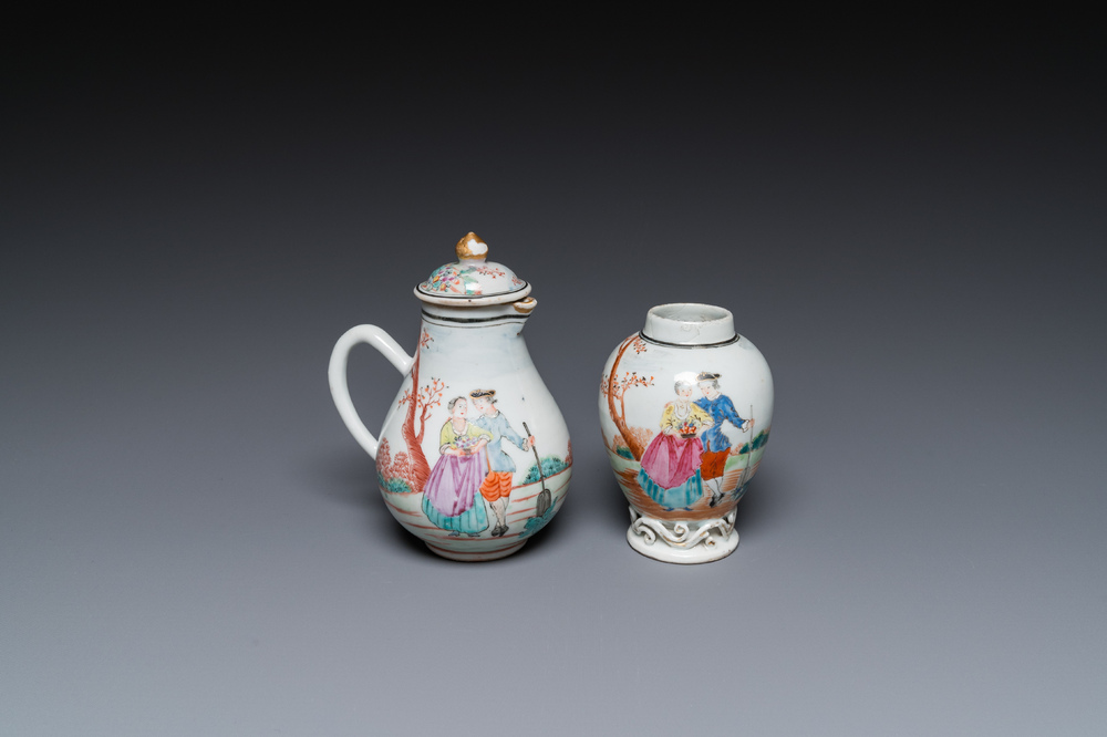 Un cr&eacute;mier et une bo&icirc;te &agrave; th&eacute; en porcelaine de Chine famille rose &agrave; sujet europ&eacute;en, Qianlong