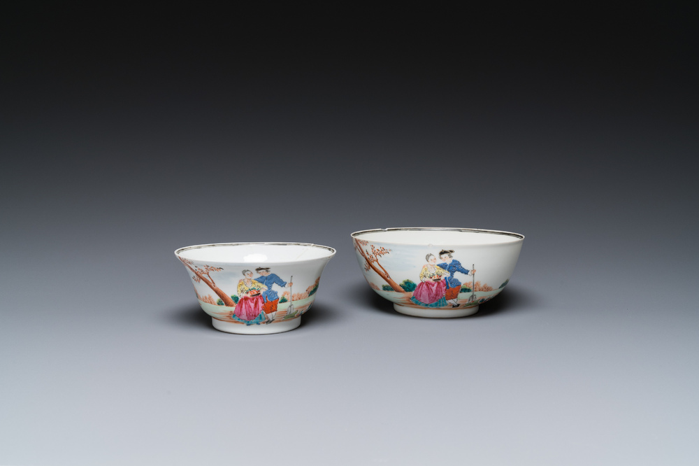 Twee fijne Chinese famille rose kommen met Europees decor, Qianlong
