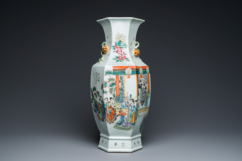 A Chinese hexagonal famille rose vase, signed Pan Zhaotang 潘肇唐, dated 1920
