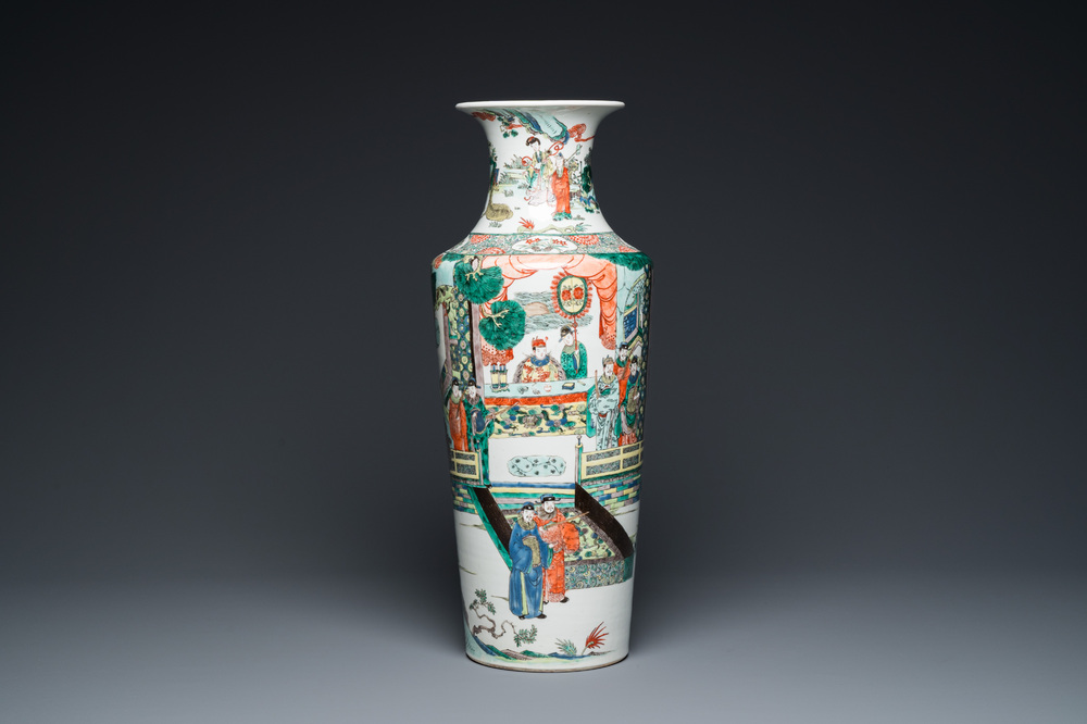 A fine Chinese famille verte rouleau vase with narrative design, 19th C.
