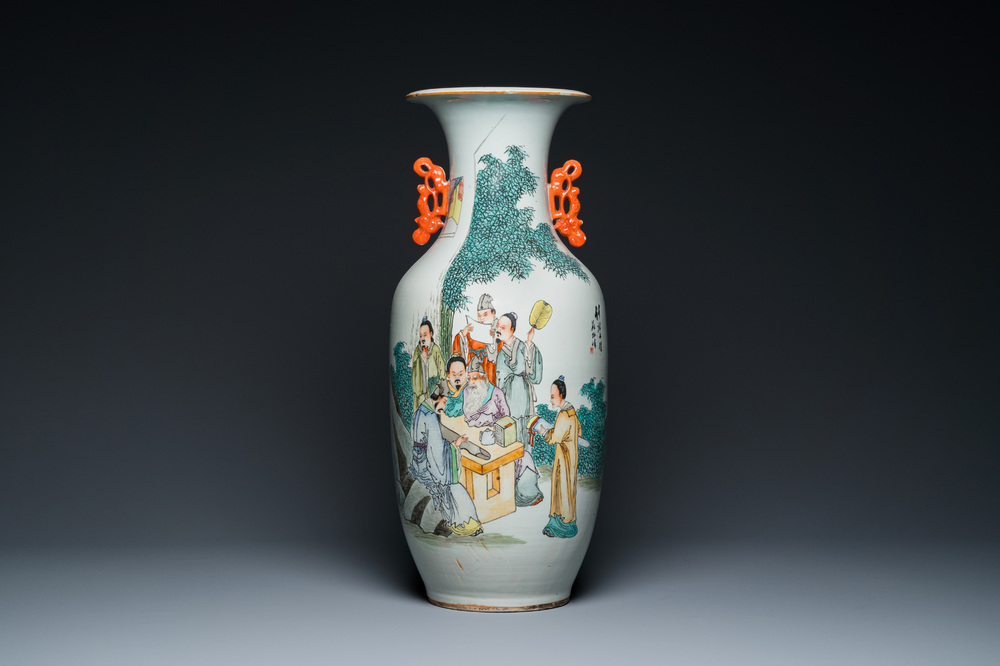 A Chinese qianjiang cai vase with musicians and scholars, signed Zhou Ding 周鼎, dated 1915