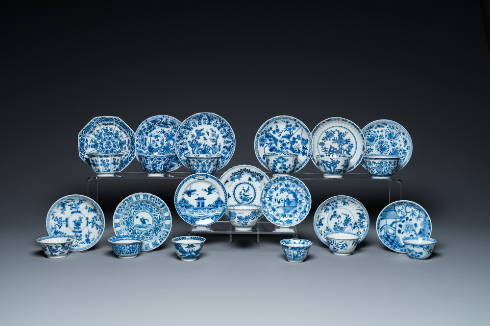 Thirteen Chinese blue and white cups and saucers, Kangxi