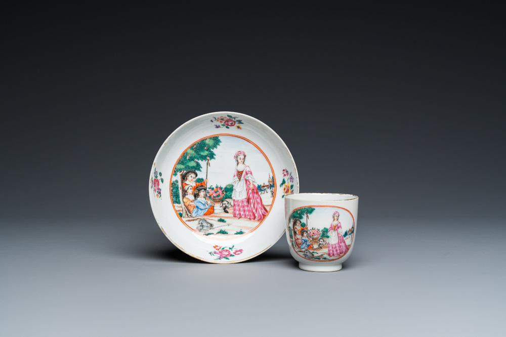 A Chinese famille rose 'European subject' cup and saucer, Qianlong