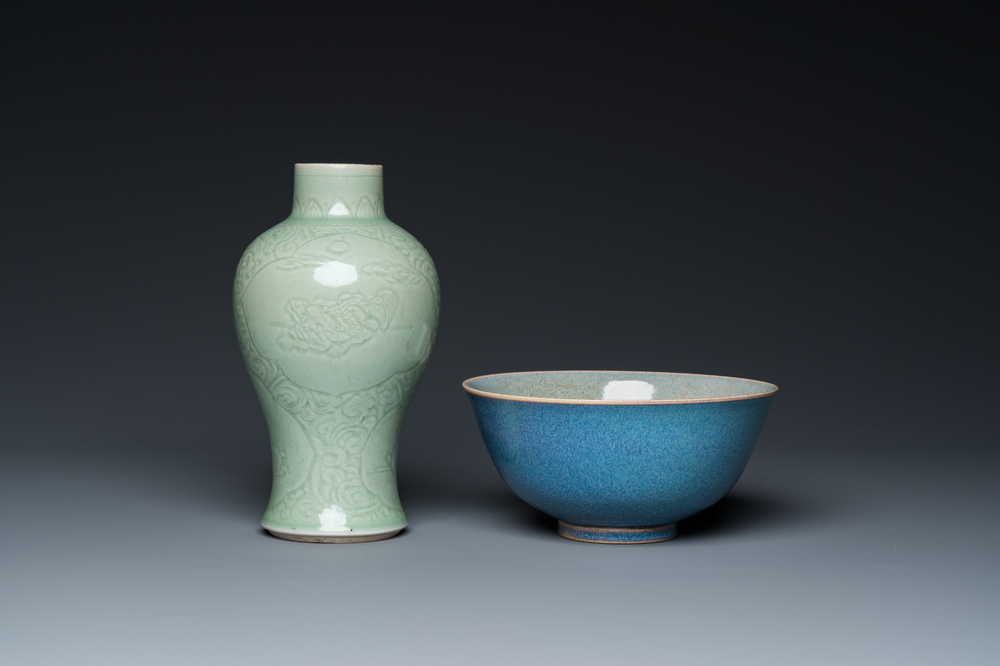A Chinese celadon-glazed vase with underglaze design and a junyao-type bowl, 19/20th C.