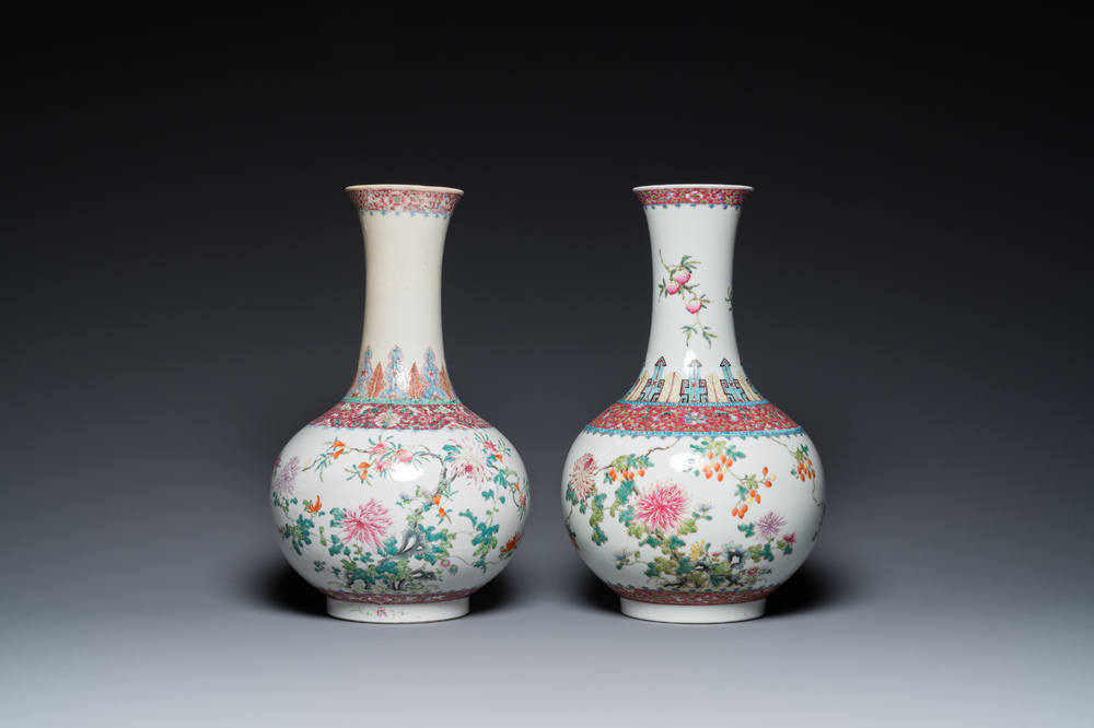Two Chinese famille rose bottle vases, Hongxian mark, Republic