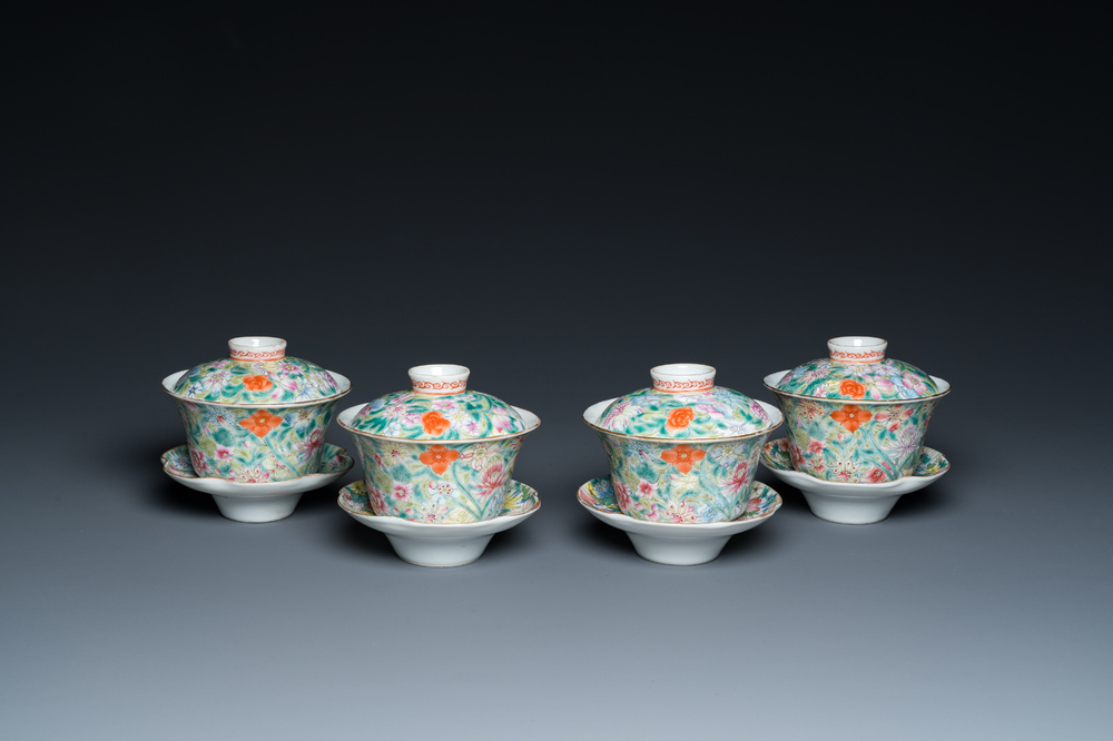Vier Chinese famille rose millefleurs dekselkommen op houders, Qianlong merk, Republiek