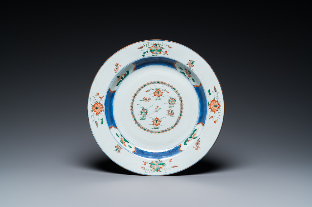 A Chinese famille verte 'mandarin ducks in a lotus pond' dish, Kangxi