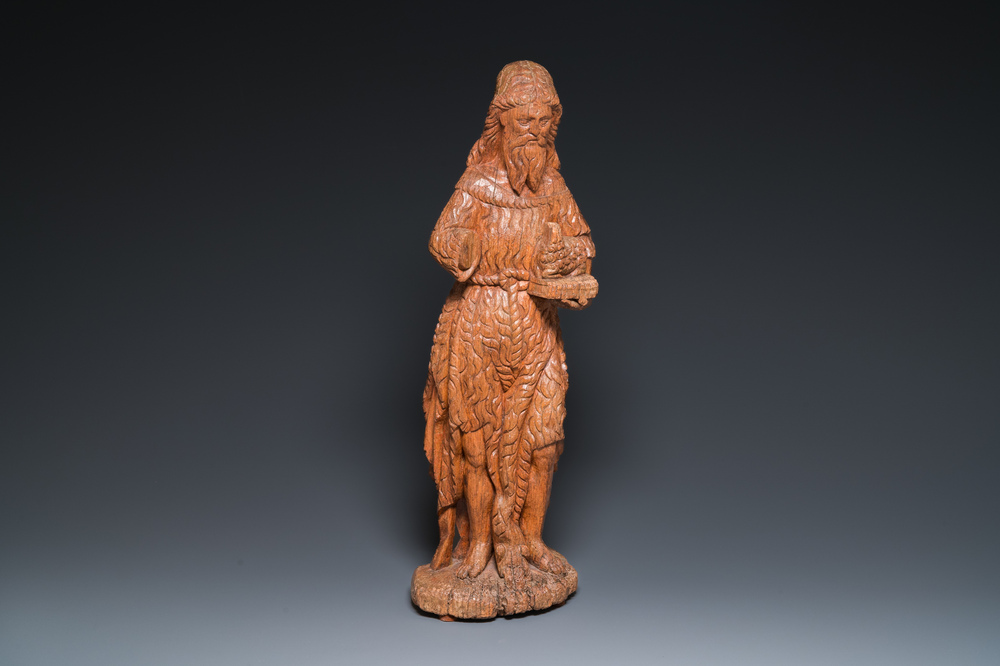 Grand Saint Jean &agrave; l'agneau en ch&ecirc;ne sculpt&eacute;, 16&egrave;me