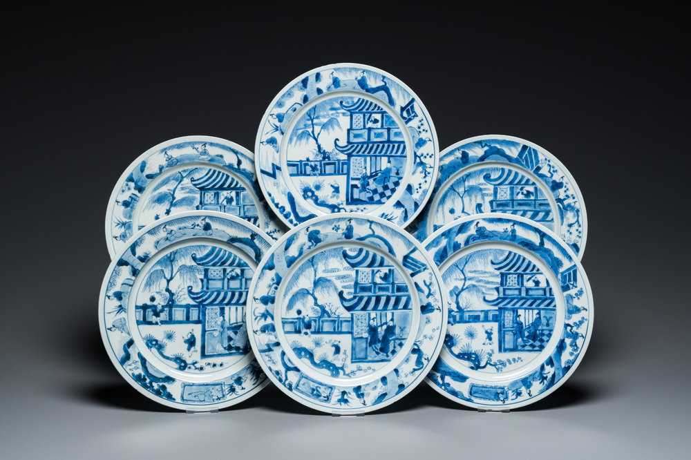 Zes Chinese blauw-witte 'Xi Xiang Ji' schotels, Kangxi