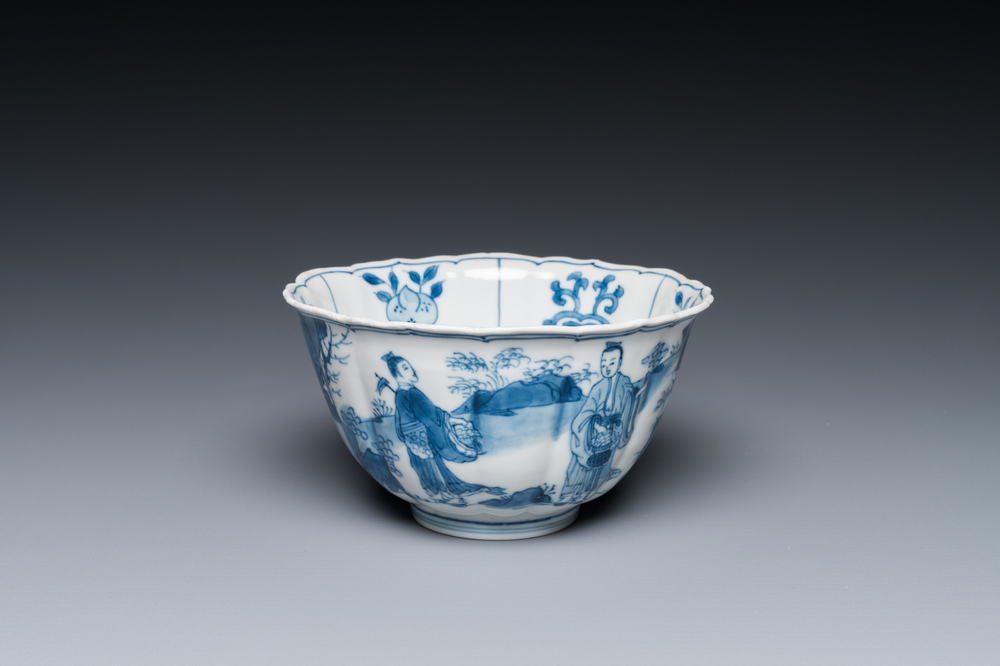 A Chinese blue and white bowl with figures in a landscape, Chenghua mark, Kangxi
