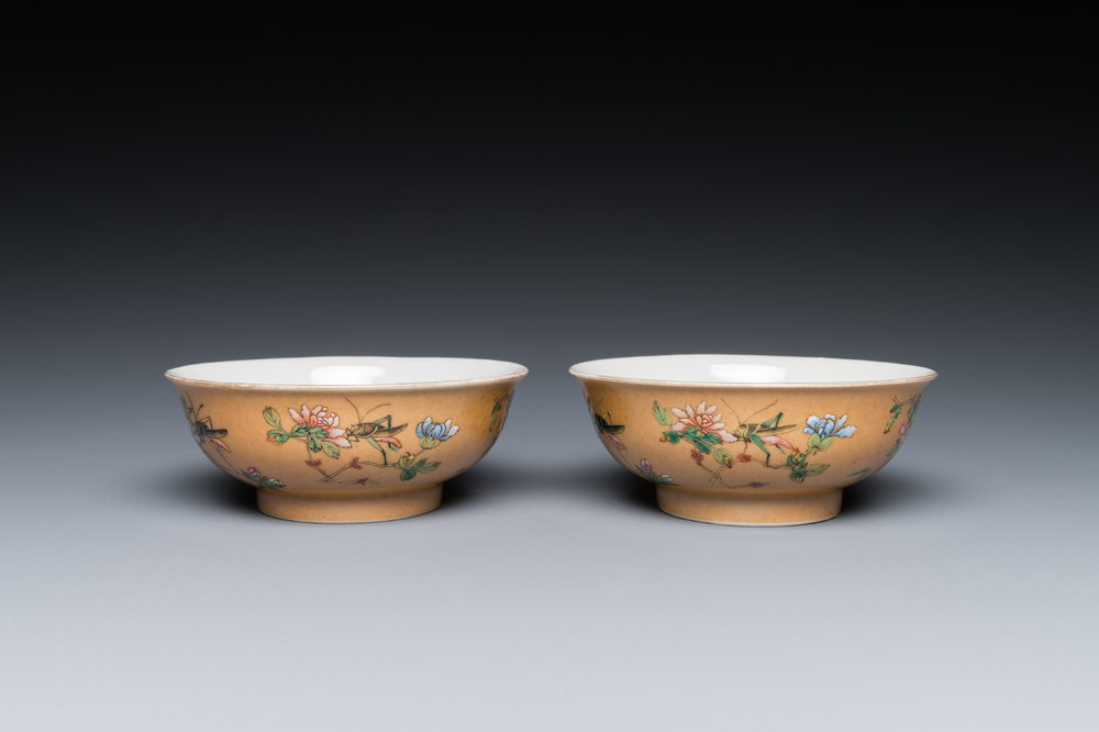 A pair of Chinese caf&eacute;-au-lait-ground famille rose 'grasshopper' bowls, Daoguang mark and of the period