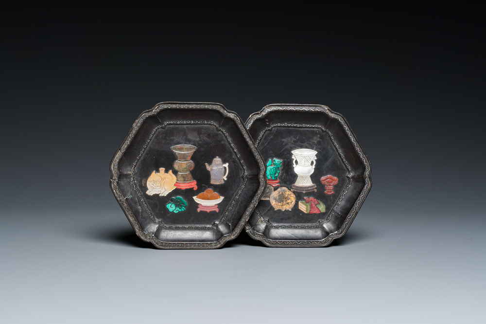 A pair of Chinese precious-stone-embellished lacquer dishes, Kangxi