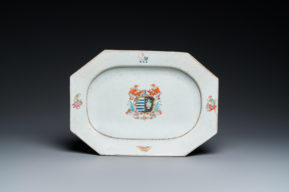 A Chinese famille rose armorial 'Hotham impaling Morley' dish, Qianlong