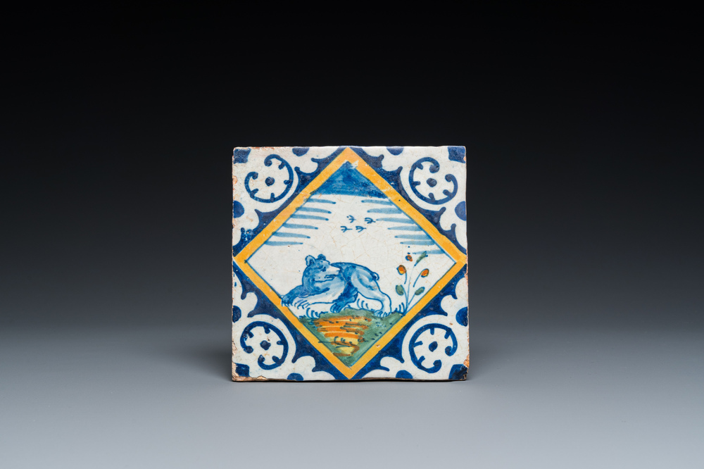 A polychrome Dutch maiolica tile with a bear, ca. 1600