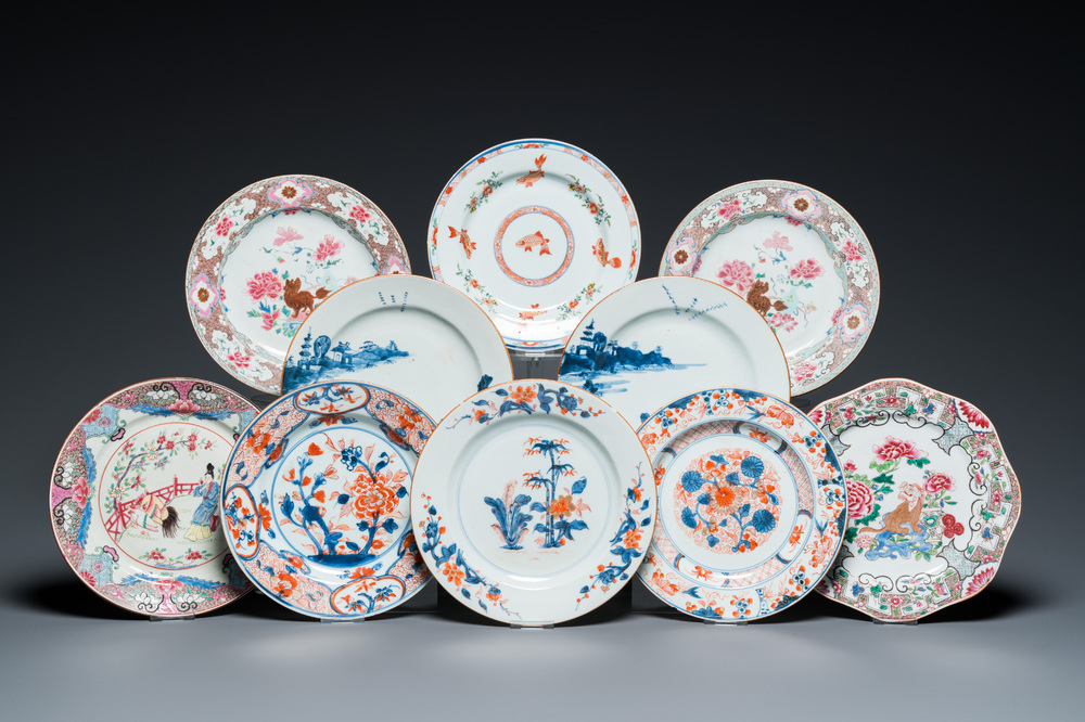 Tien Chinese blauw-witte, famille rose en verte borden, Kangxi en later