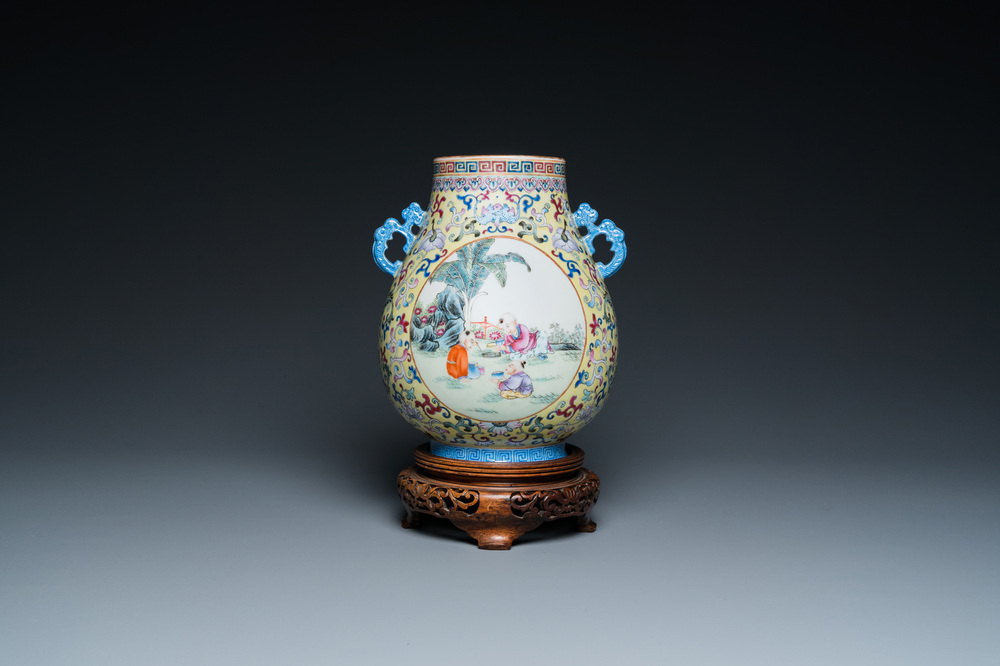 A Chinese yellow-ground famille rose 'hu' vase with playing boys, Qianlong mark, Republic