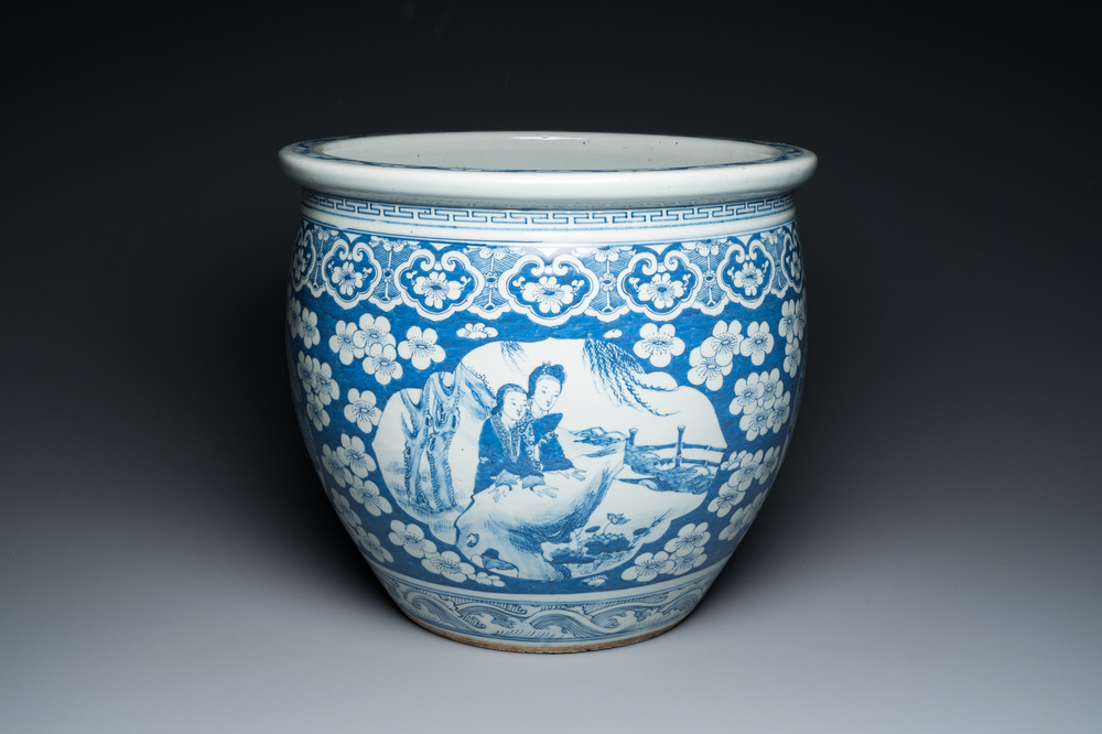A Chinese blue and white fish bowl with medallions on a prunus-ground, 19th C.