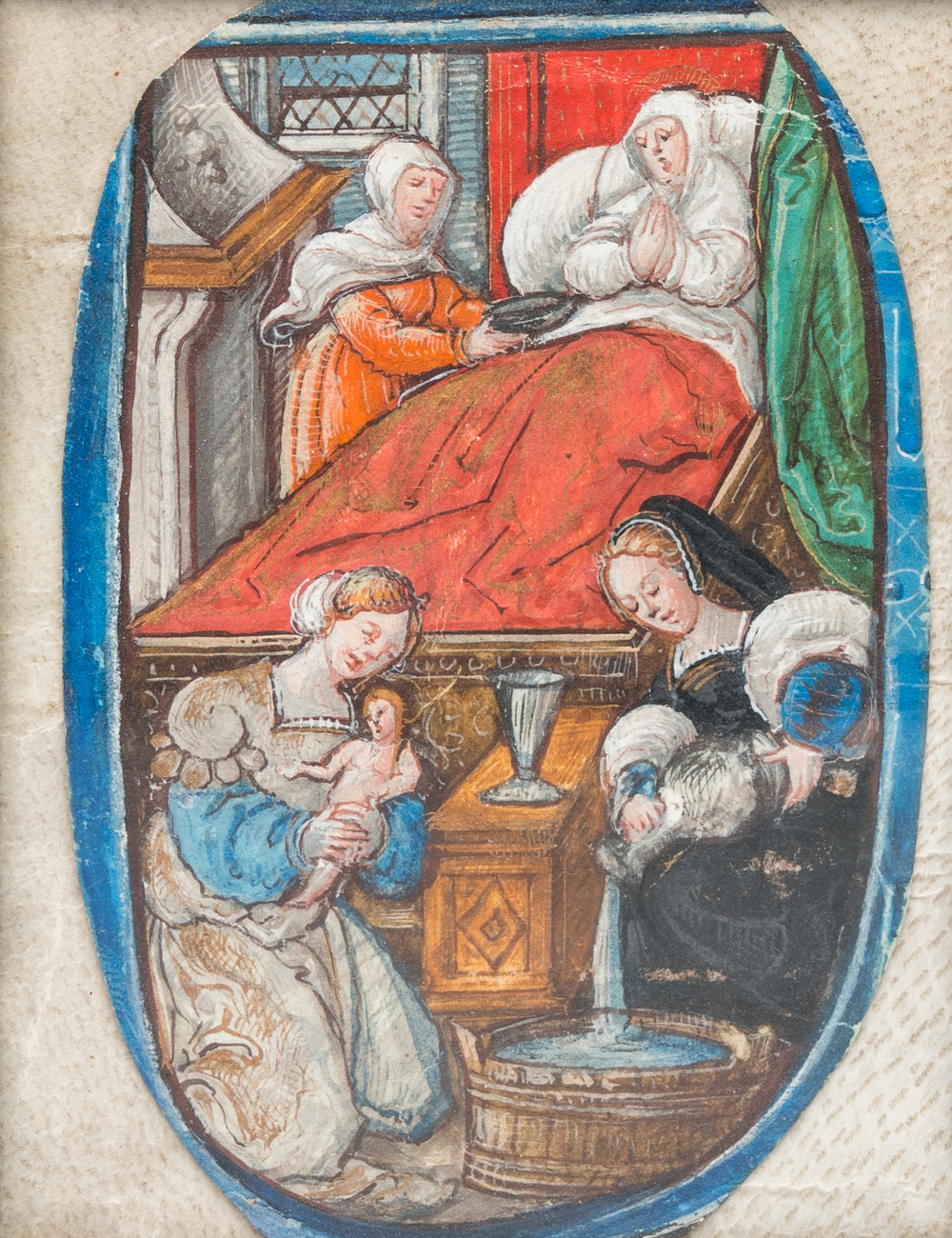 Miniature sur papier: 'La naissance de la Vi&egrave;rge', &eacute;l&eacute;ment d'une lettrine histori&eacute;e d'un manuscrit enlumin&eacute;, 16&egrave;me