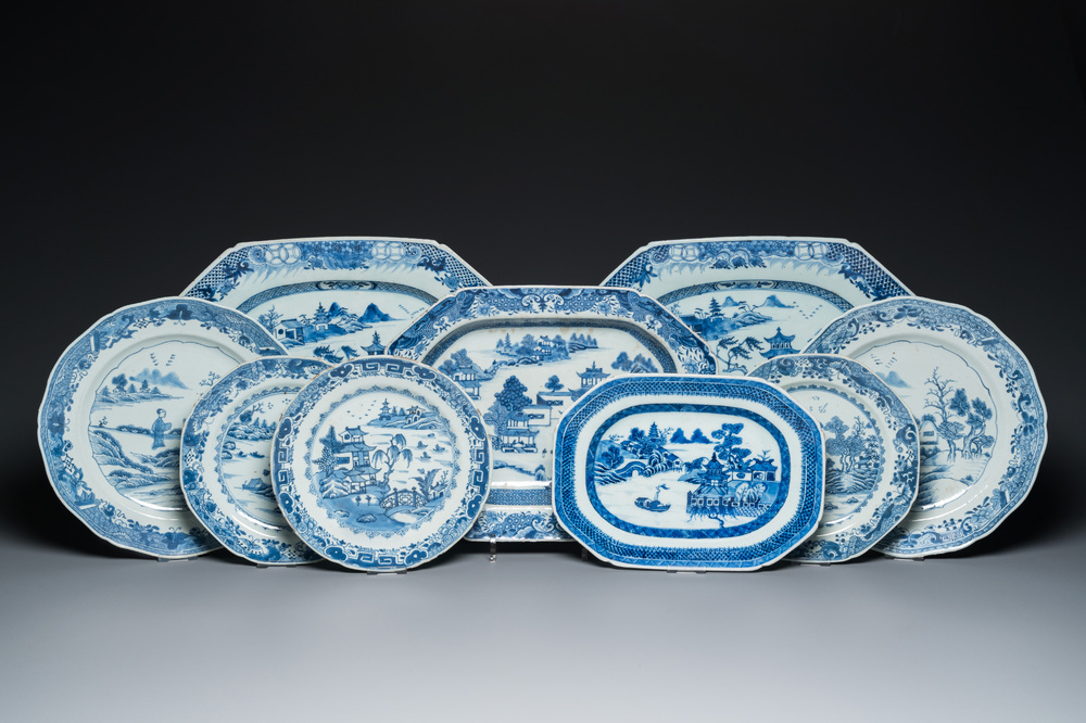 Negen Chinese blauw-witte schotels, Qianlong