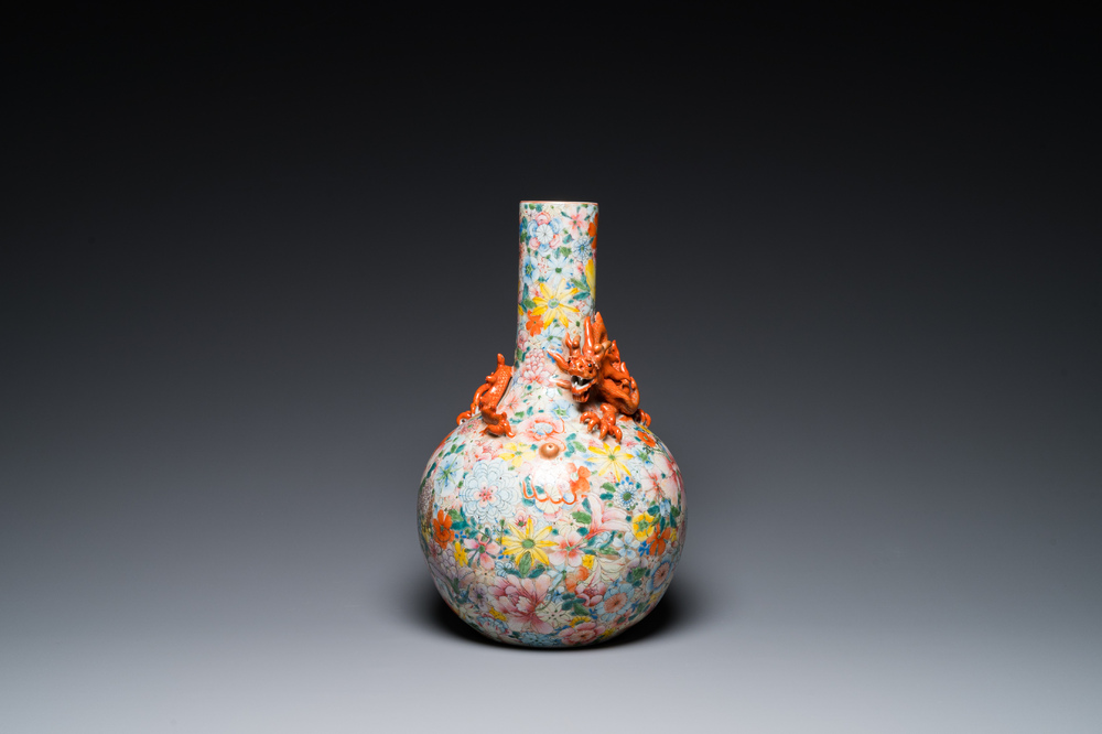 A Chinese famille rose 'millefleurs' bottle vase, Qianlong mark, Republic