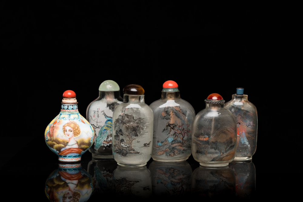 Five Chinese inside-painted glass snuff bottles and one in Canton or Beijing enamel, 19/20th C.