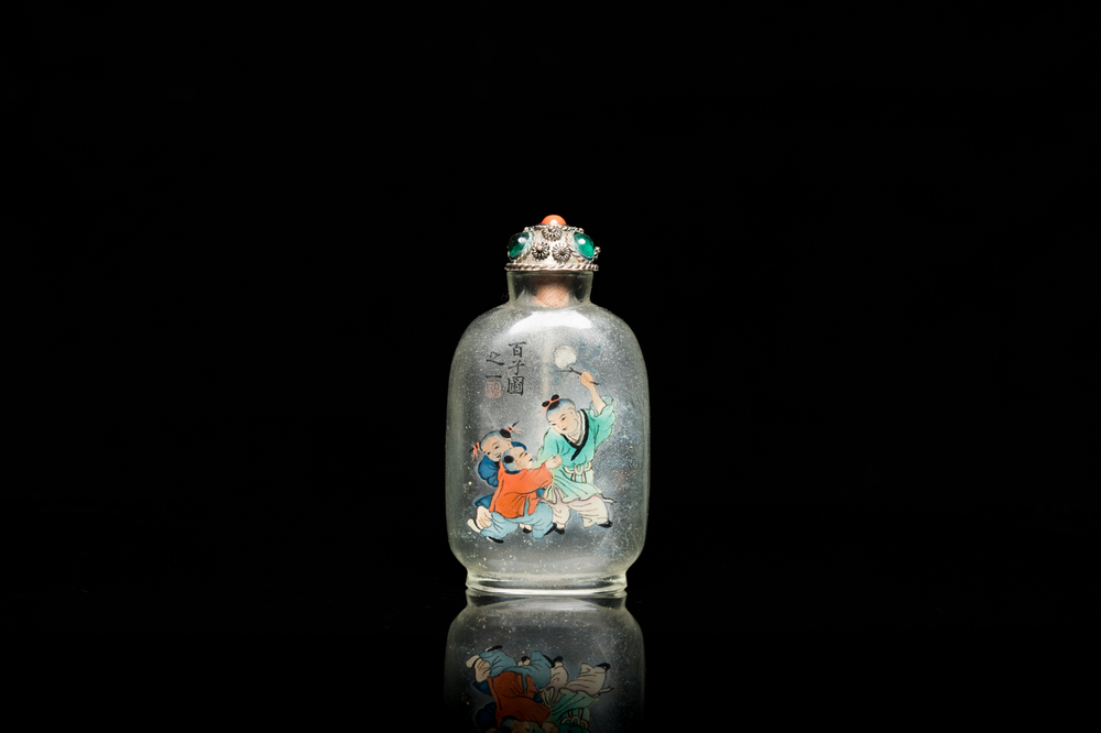 A Chinese inside-painted glass 'playing boys' snuff bottle, signed Ma Shaoxian 馬紹先, dated 1904