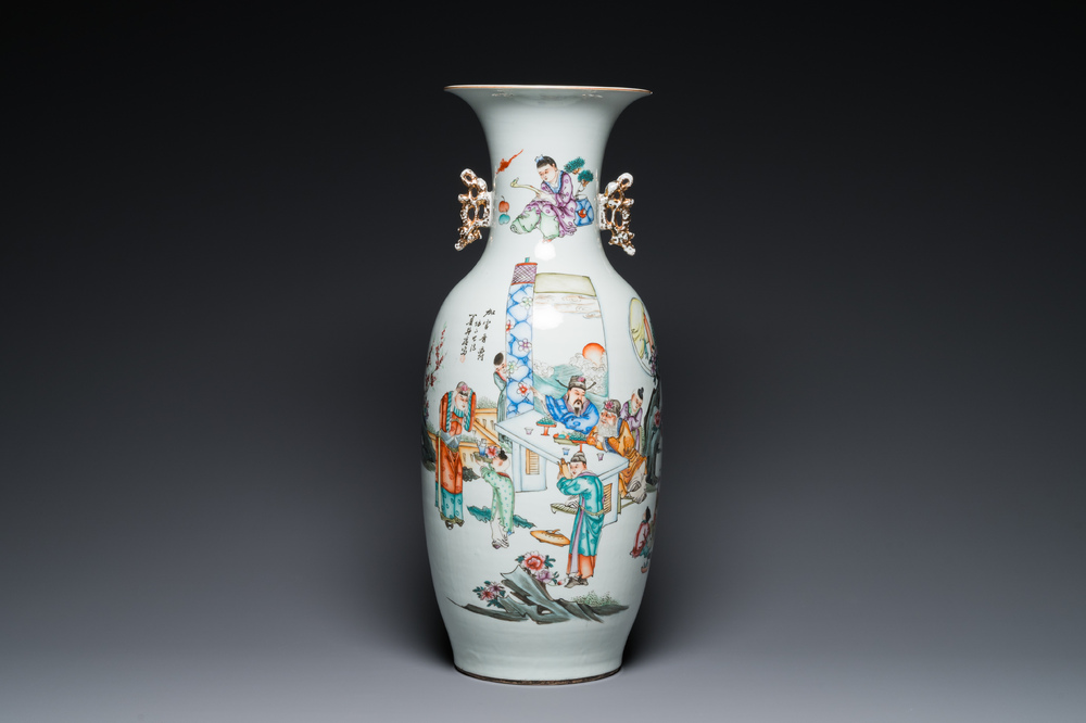 A Chinese famille rose two-sided design vase with court scene, signed Xia Jingguang 夏靜廣, Republic