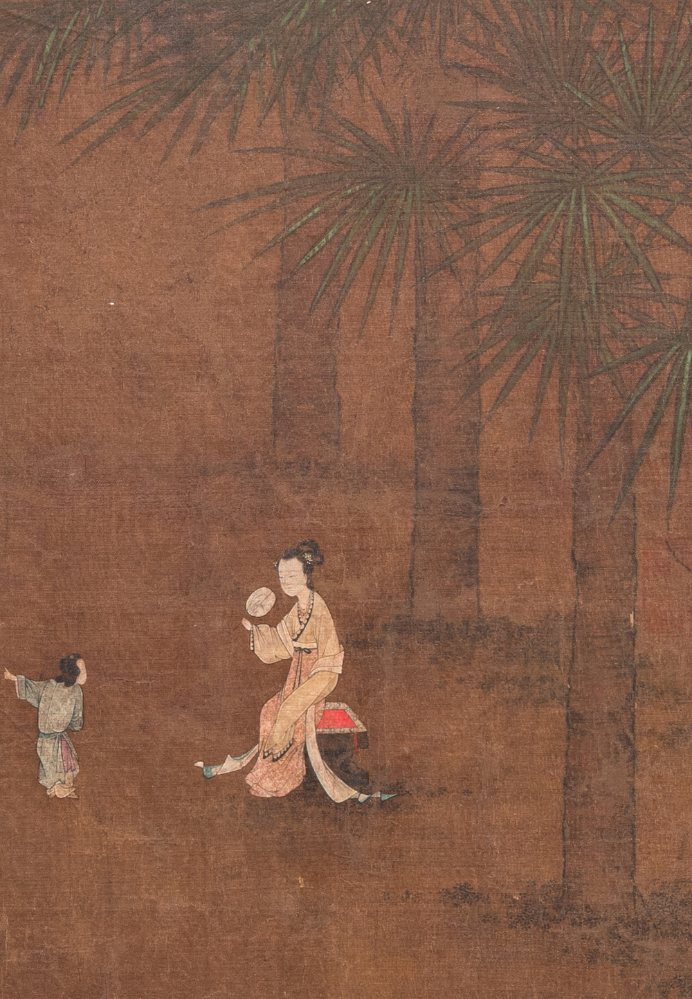 Chinese School: 'Lady and servant', ink and colour on silk, Ming
