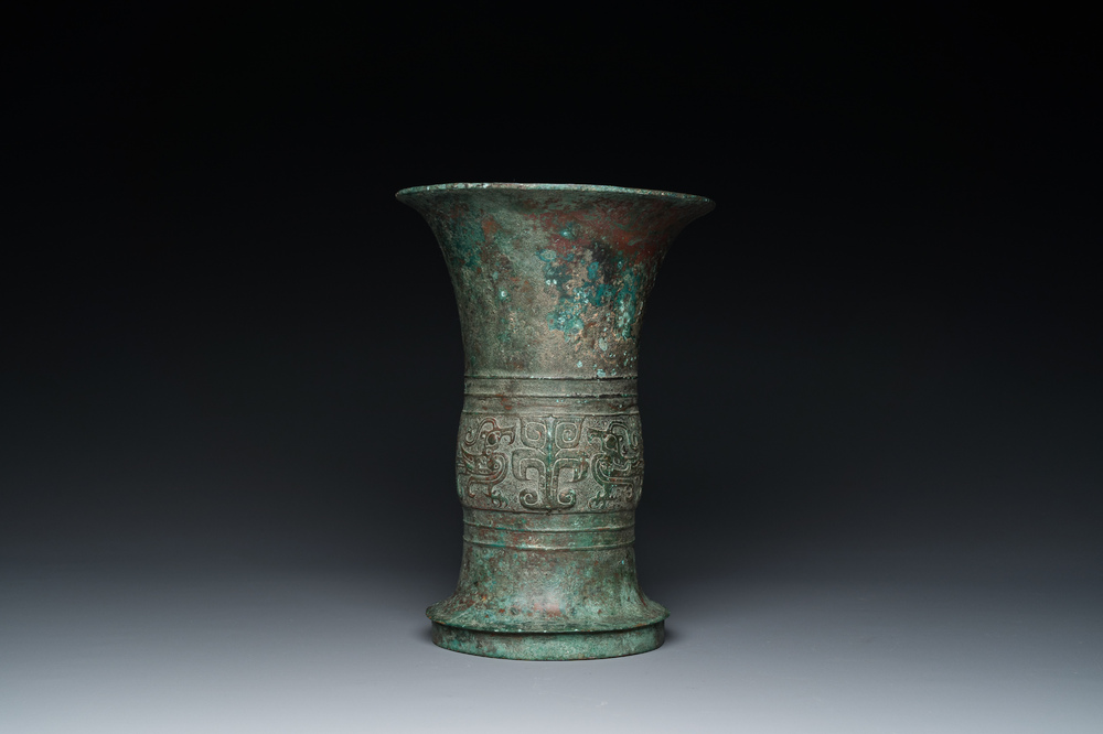 A Chinese inscribed archaic bronze ritual 'zun' wine vessel, probably Western Zhou