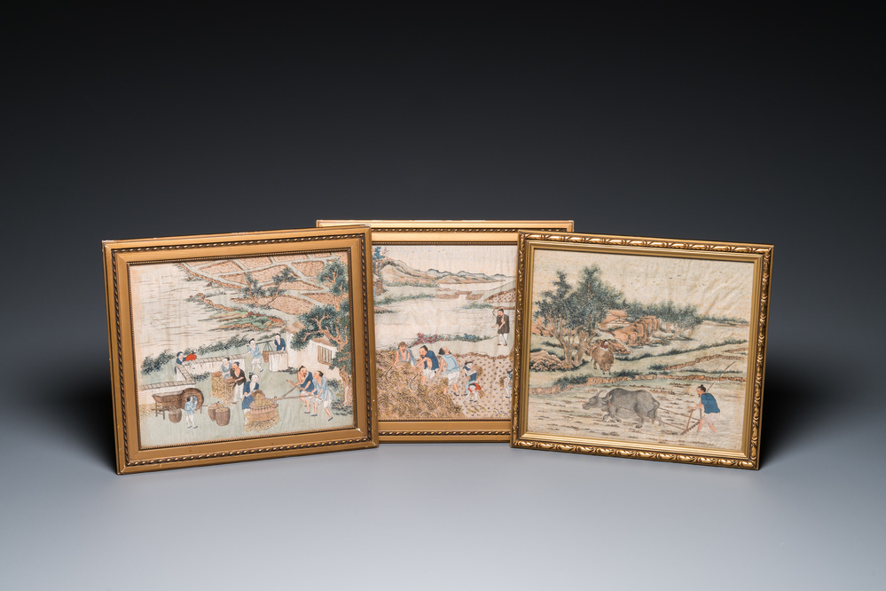 Chinese school: Three rice production scenes, ink and colour on silk, 19th C.